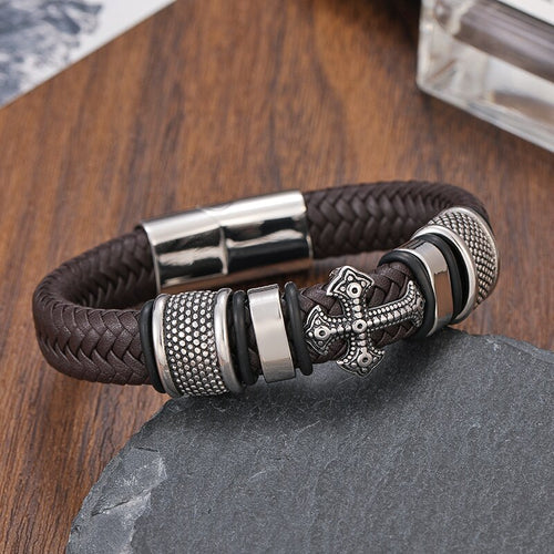 Pulseira Masculina Cruz Couro Legitimo Inoxidavel - TudoAqui Store