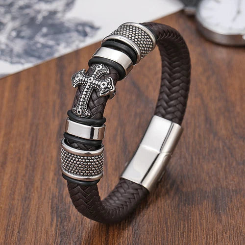 Pulseira Masculina Cruz Couro Legitimo Inoxidavel - TudoAqui Store