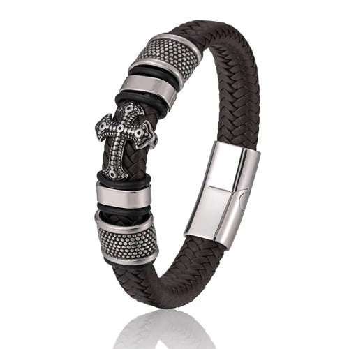 Pulseira Masculina Cruz Couro Legitimo Inoxidavel - TudoAqui Store