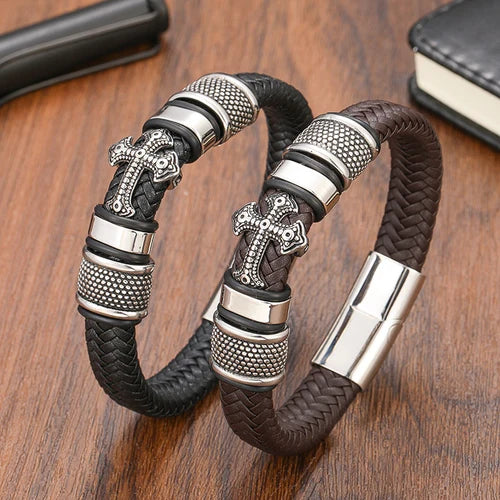 Pulseira Masculina Cruz Couro Legitimo Inoxidavel - TudoAqui Store